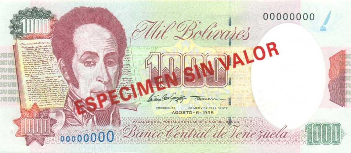 Front of Venezuela p76s: 1000 Bolivares from 1994