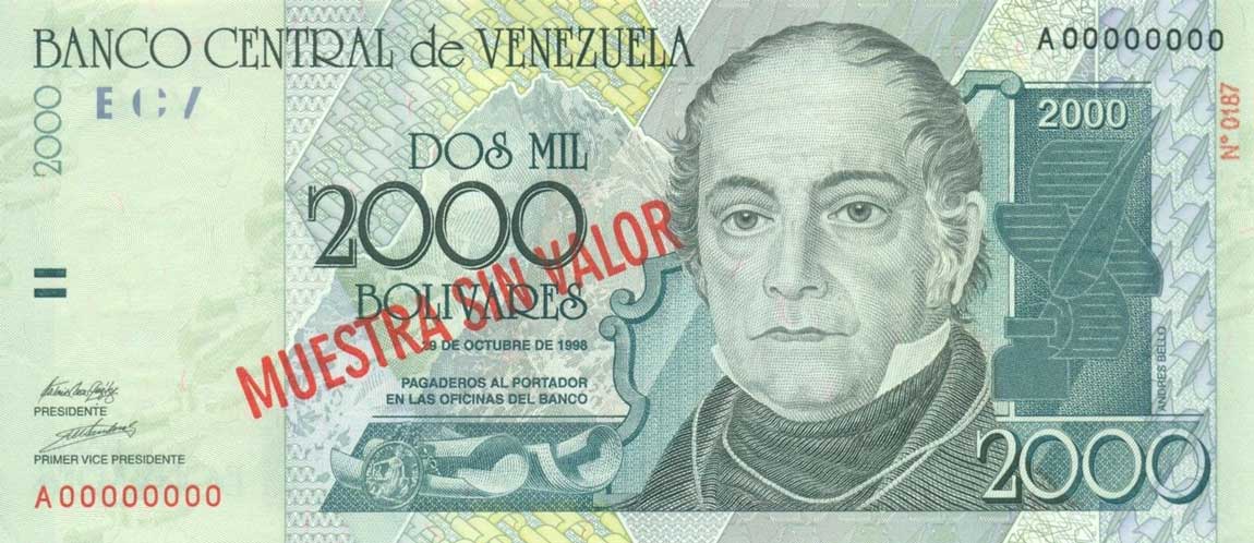 Front of Venezuela p80s: 2000 Bolivares from 1998