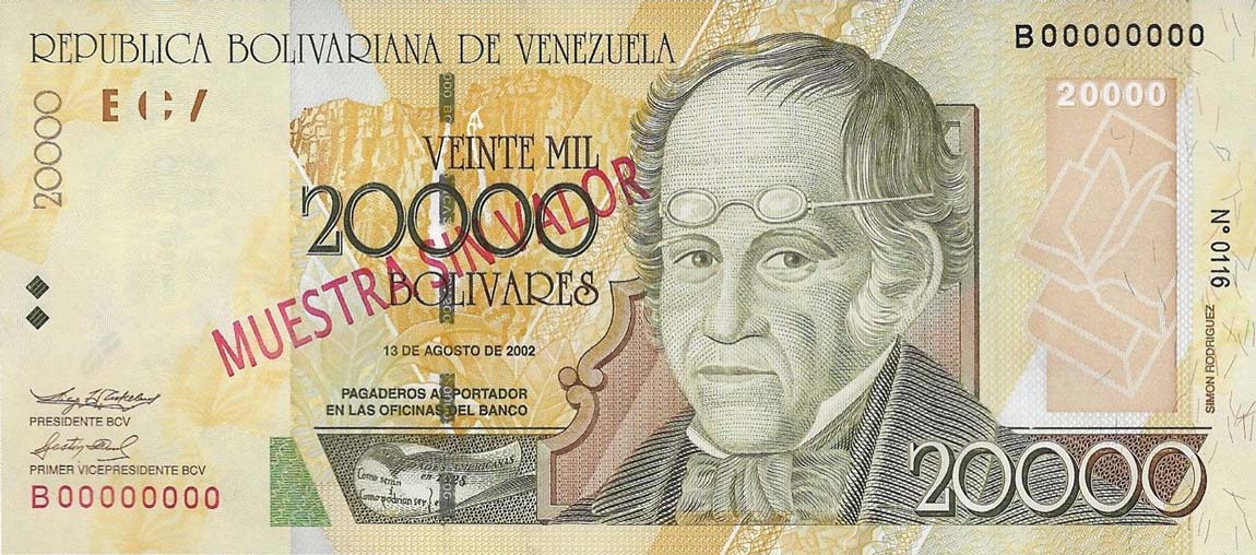 Front of Venezuela p86s: 20000 Bolivares from 2001