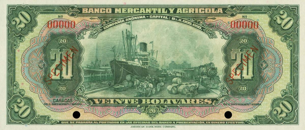 Front of Venezuela pS232s: 20 Bolivares from 1927