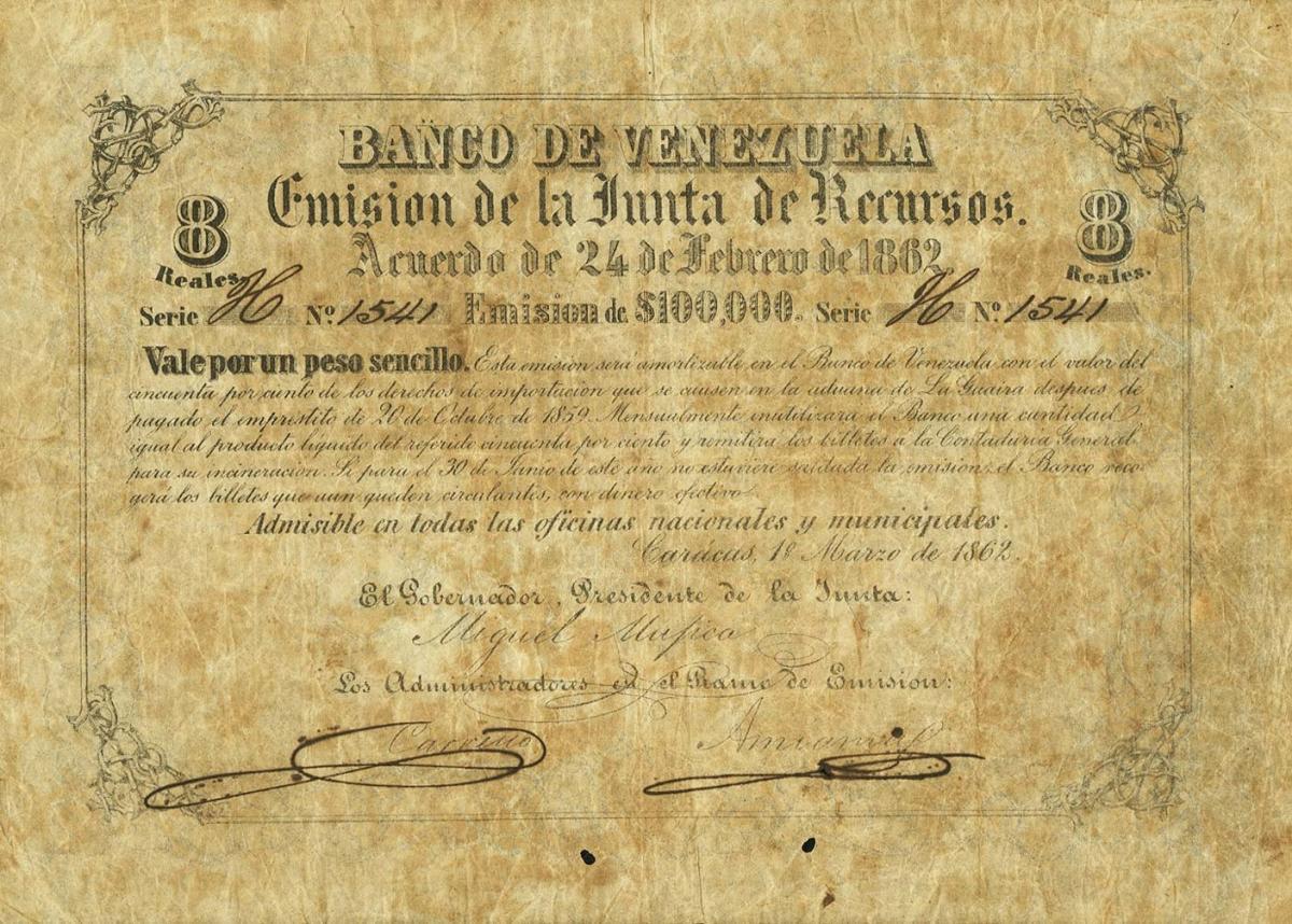 Front of Venezuela pS251: 8 Reais from 1862