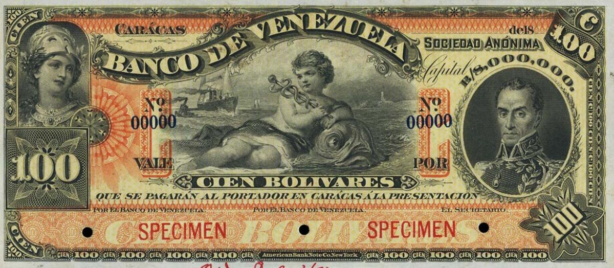 Front of Venezuela pS263s: 100 Bolivares from 1890
