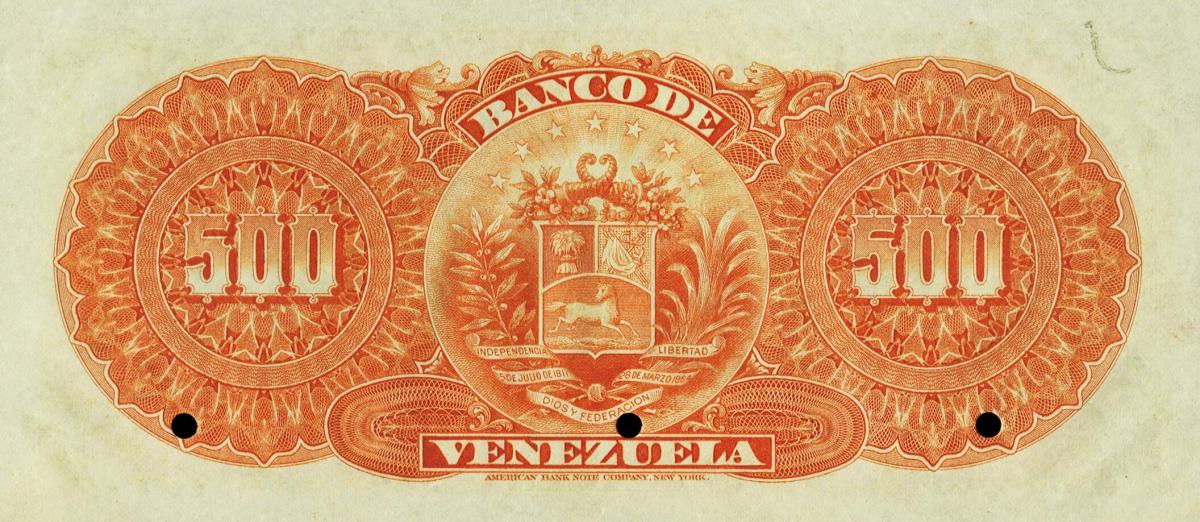Back of Venezuela pS274s: 500 Bolivares from 1900