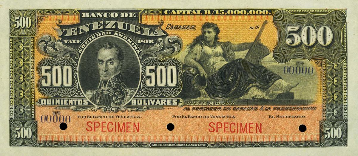 Front of Venezuela pS274s: 500 Bolivares from 1900