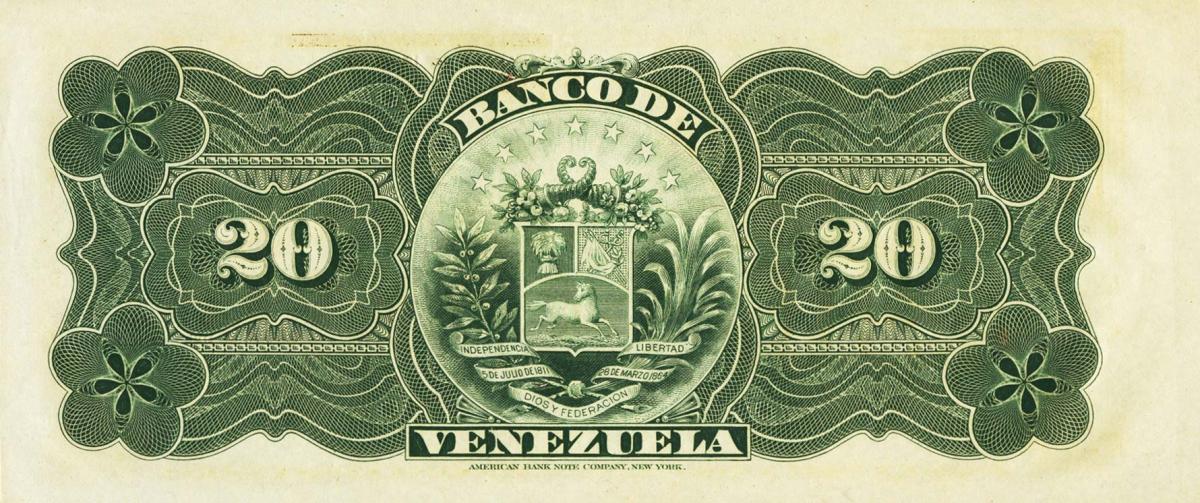 Back of Venezuela pS281r: 20 Bolivares from 1910