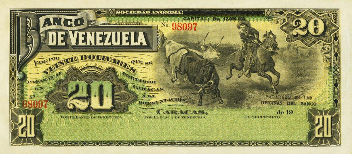 Front of Venezuela pS281r: 20 Bolivares from 1910