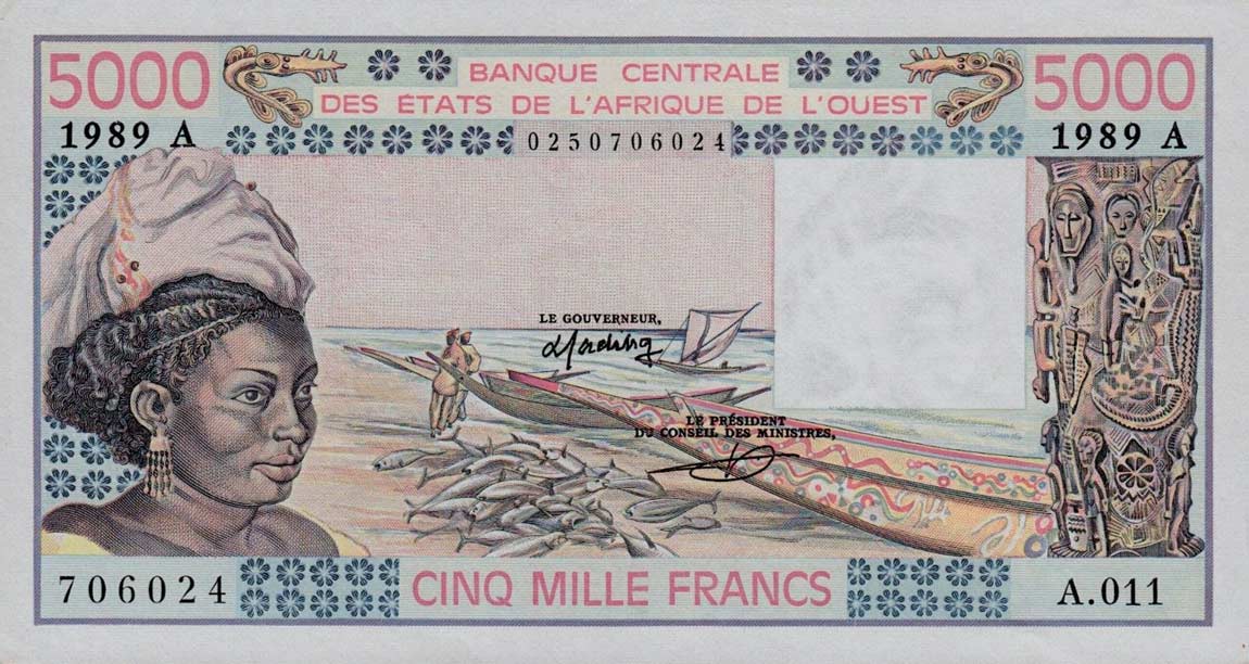 Front of West African States p108Ag: 5000 Francs from 1989