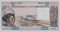 p108Ag from West African States: 5000 Francs from 1989