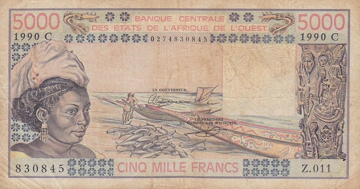 Front of West African States p108Aq: 5000 Francs from 1990