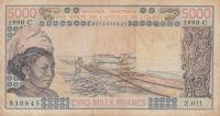 p108Aq from West African States: 5000 Francs from 1990