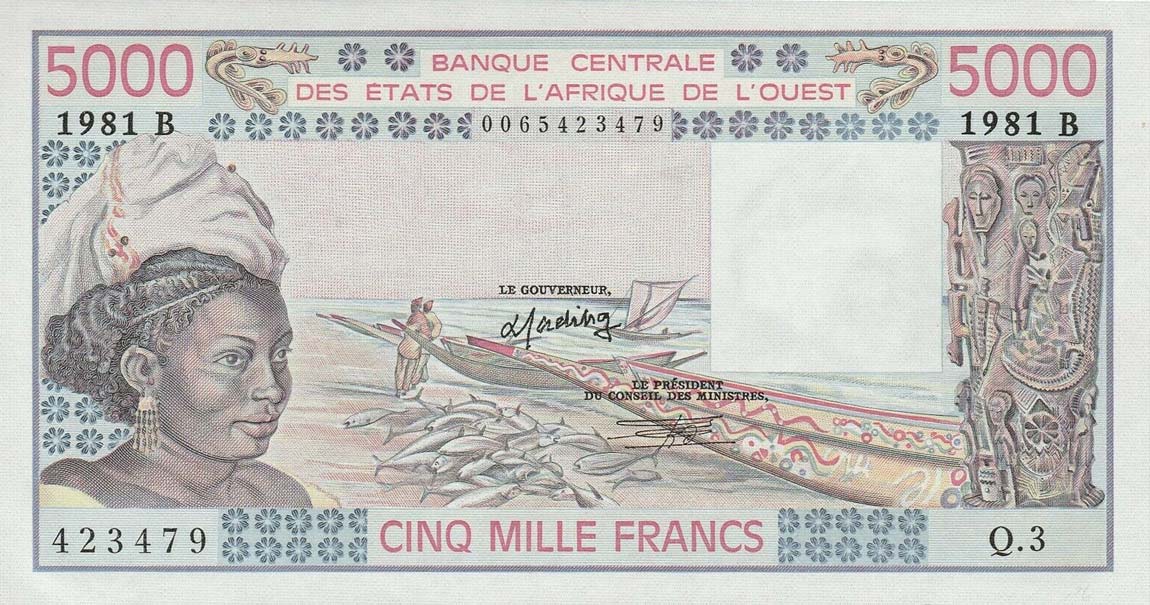 Front of West African States p208Be: 5000 Francs from 1981