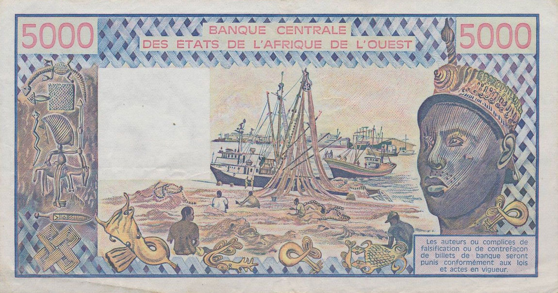 Back of West African States p208Bg: 5000 Francs from 1983