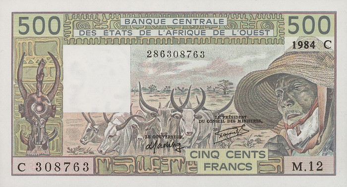 Front of West African States p306Ch: 500 Francs from 1984
