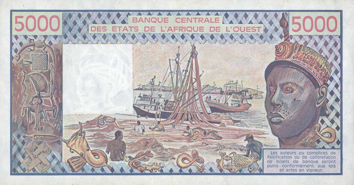 Back of West African States p308Cr: 5000 Francs from 1992