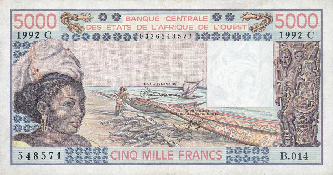 Front of West African States p308Cr: 5000 Francs from 1992