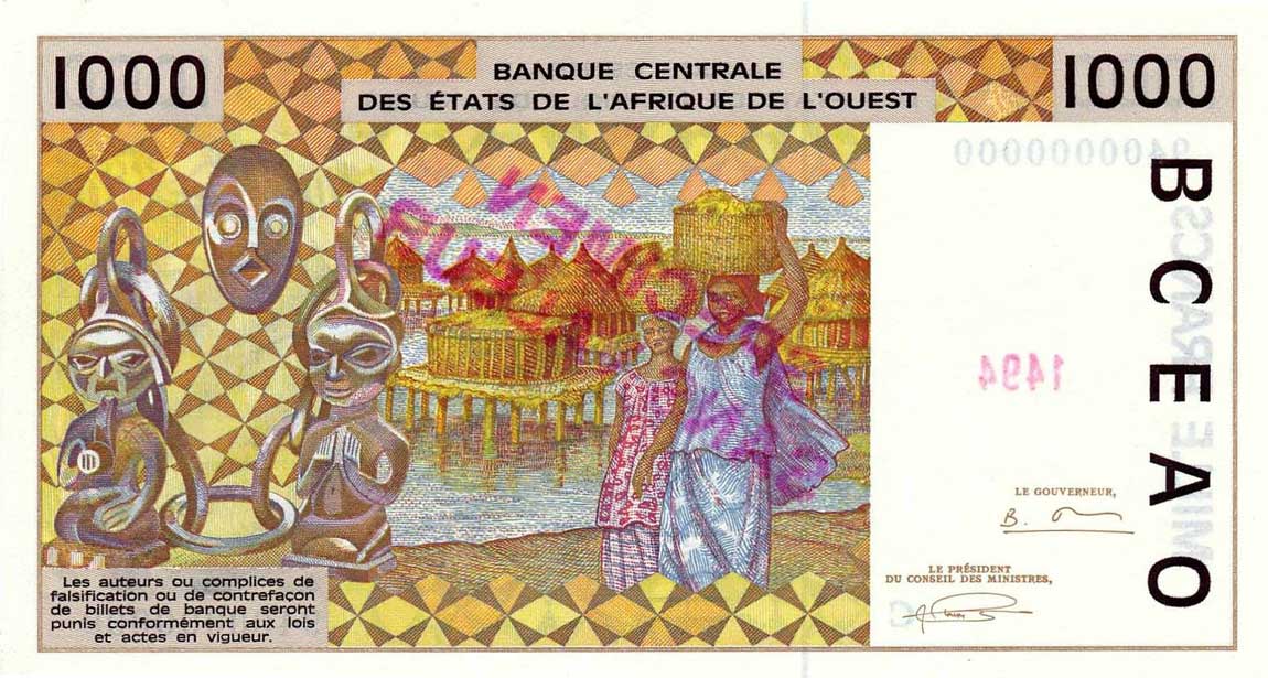Back of West African States p311Cs: 1000 Francs from 1991