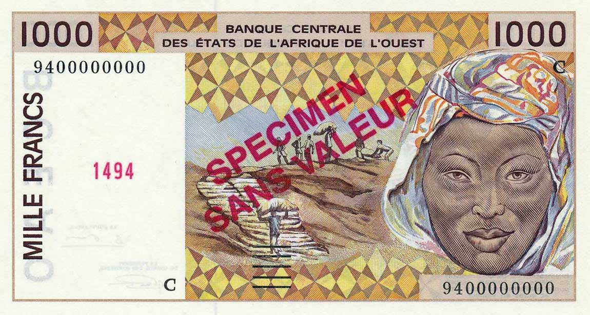 Front of West African States p311Cs: 1000 Francs from 1991