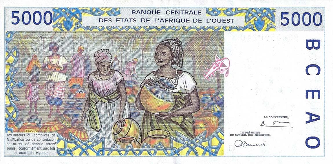 Back of West African States p313Cg: 5000 Francs from 1998