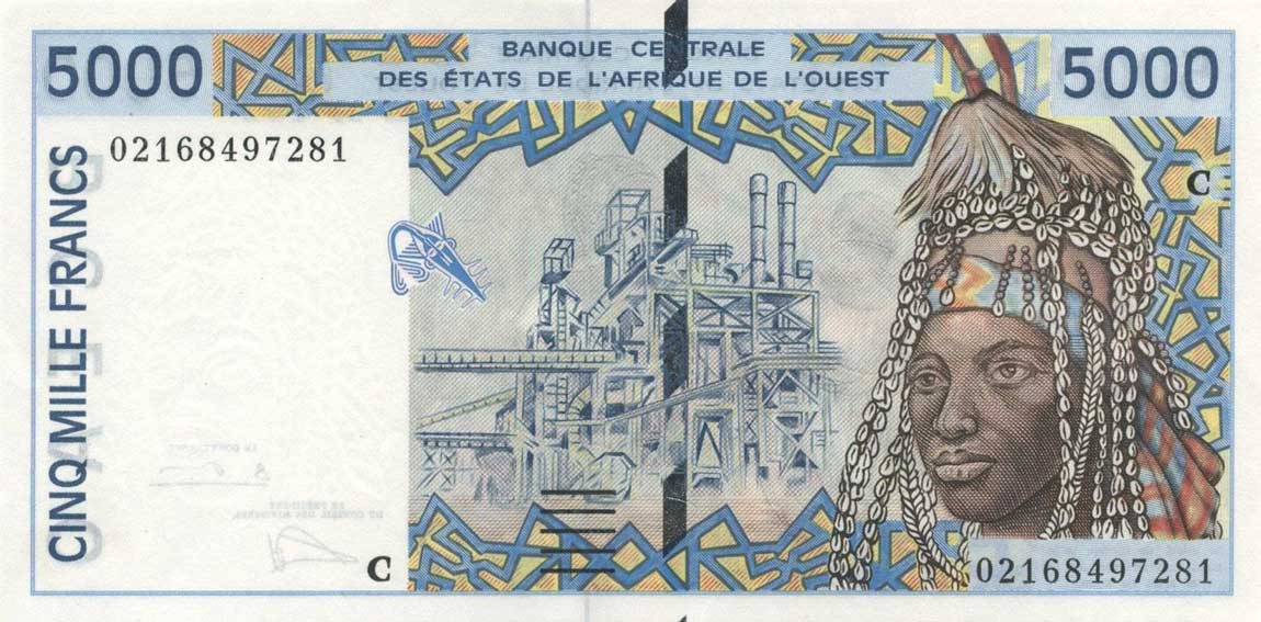 Front of West African States p313Cl: 5000 Francs from 2002