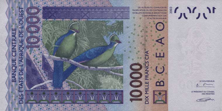 Back of West African States p318Cd: 10000 Francs from 2006