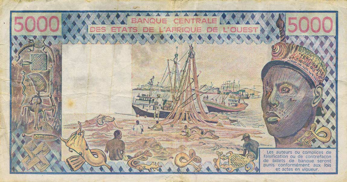 Back of West African States p407Db: 5000 Francs from 1989