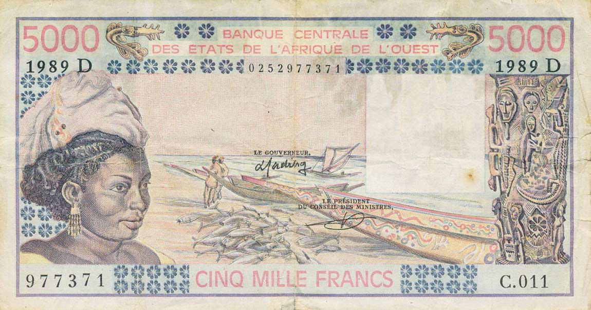 Front of West African States p407Db: 5000 Francs from 1989