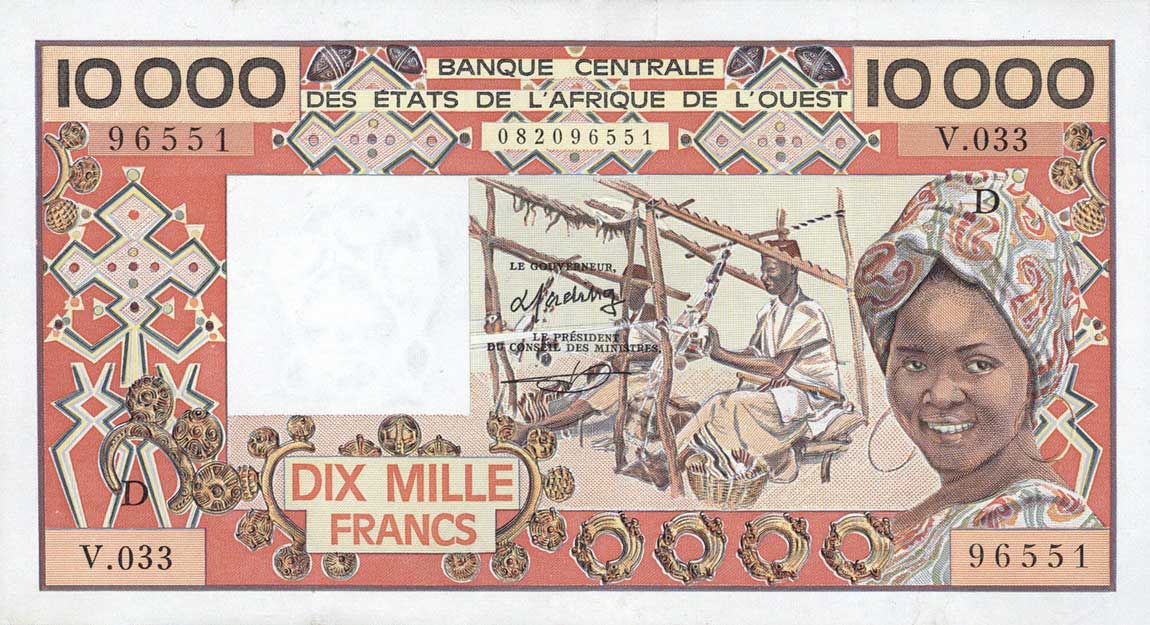Front of West African States p408Da: 10000 Francs from 1981
