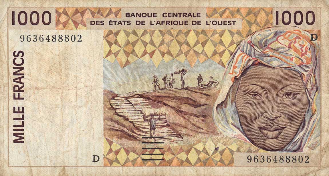 Front of West African States p411Df: 1000 Francs from 1996