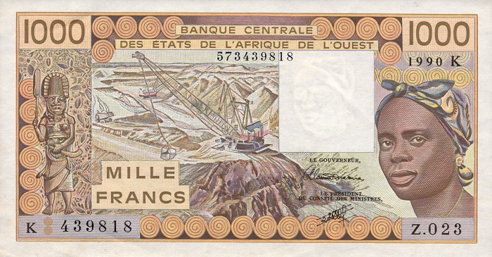 Front of West African States p707Kj: 1000 Francs from 1990
