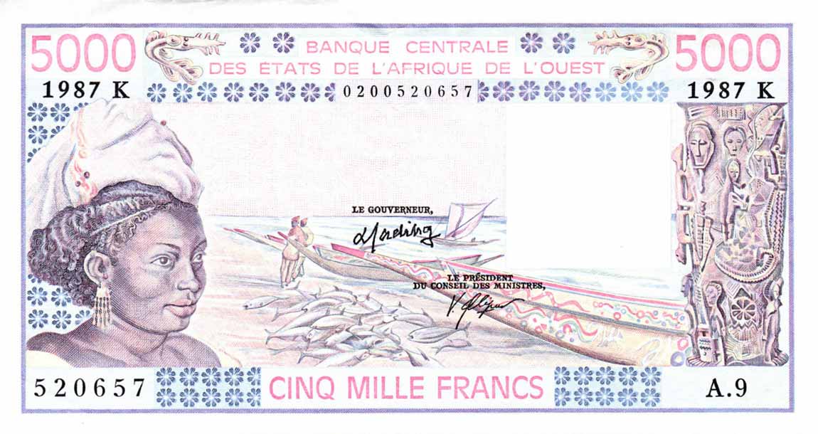 Front of West African States p708Kl: 5000 Francs from 1987