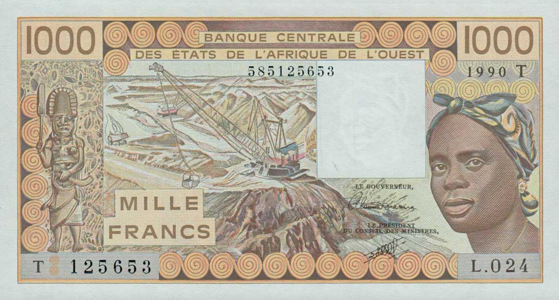 Front of West African States p807Tj: 1000 Francs from 1990