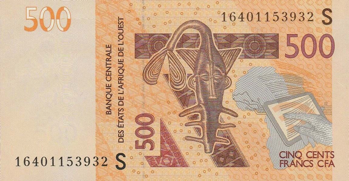 Front of West African States p919Se: 500 Francs from 2016