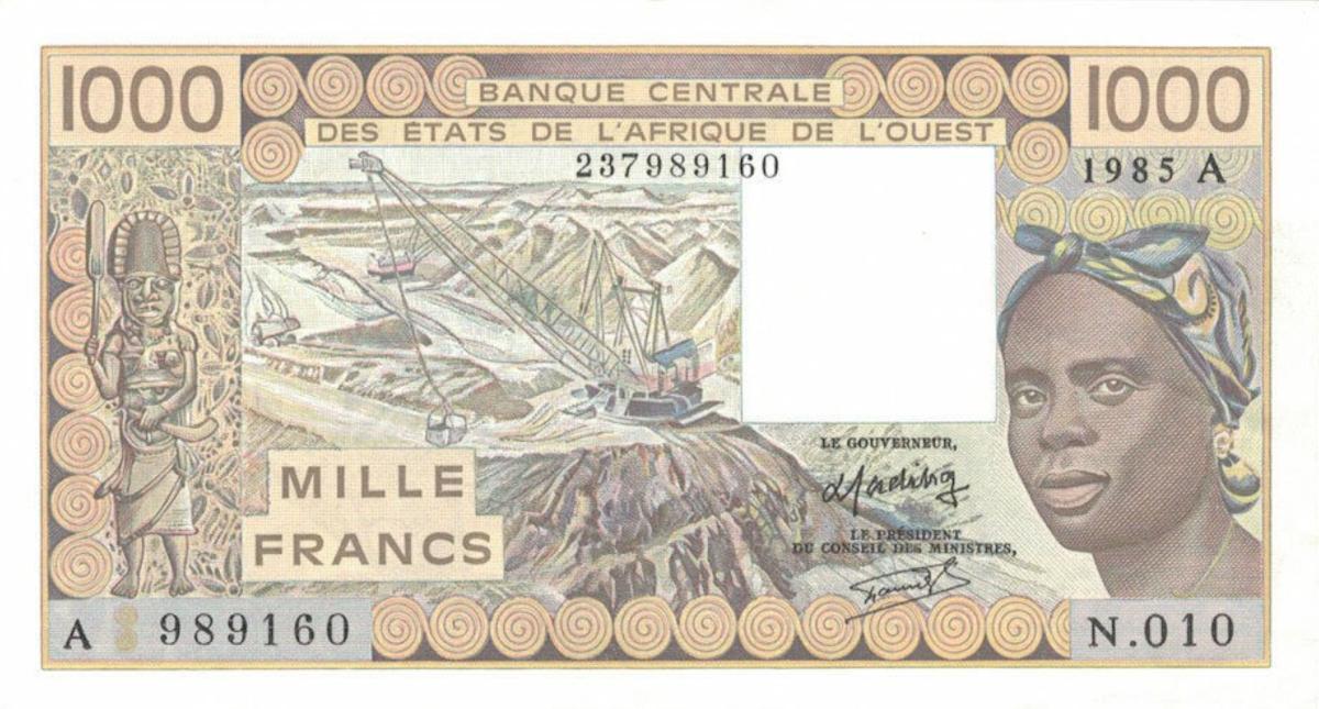 Front of West African States p107Af: 1000 Francs from 1985