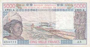 p108Aj from West African States: 5000 Francs from 1983