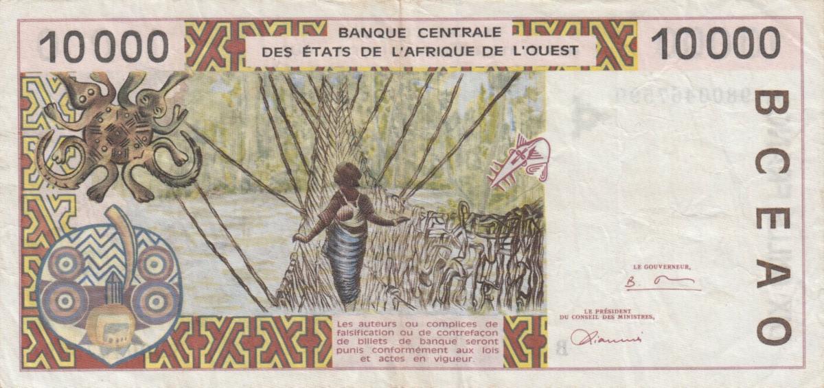 Back of West African States p214Bf: 10000 Francs from 1998