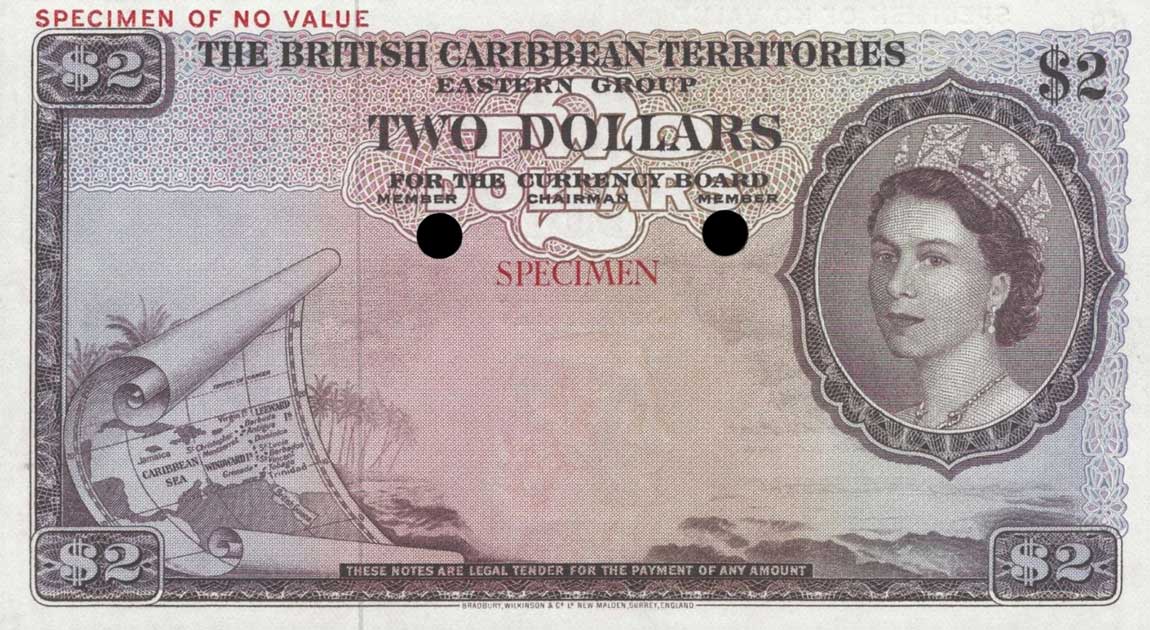 Front of British Caribbean Territories p8ct: 2 Dollars from 1953