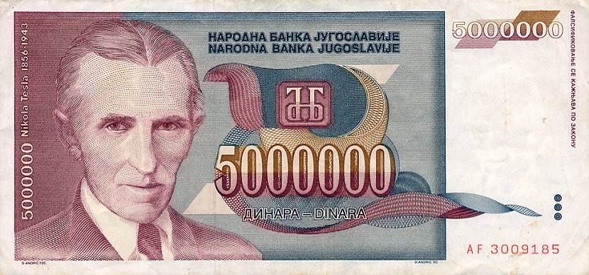 Front of Yugoslavia p121a: 5000000 Dinara from 1993