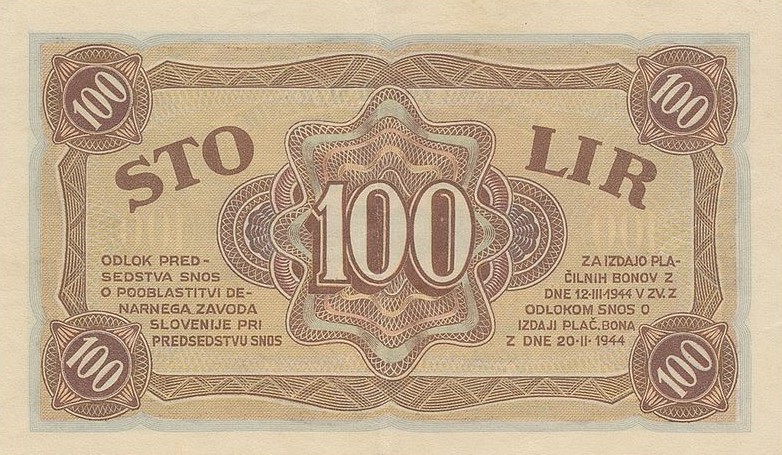 Back of Yugoslavia pS117: 100 Lir from 1944