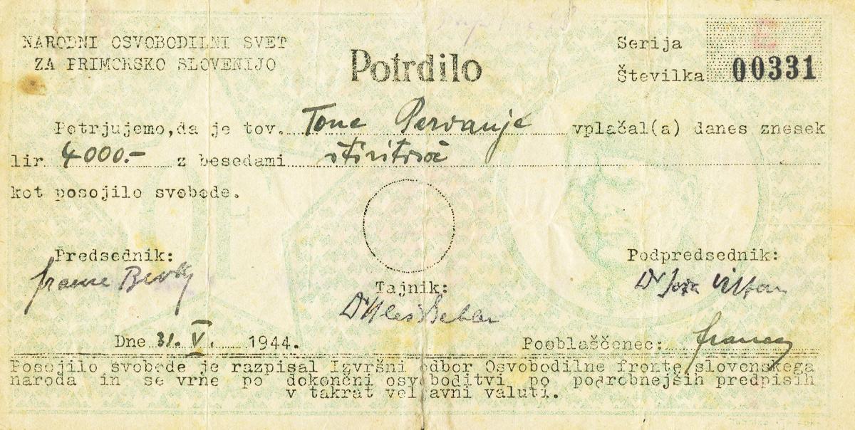 Front of Yugoslavia pS135: 2000 Lir from 1944
