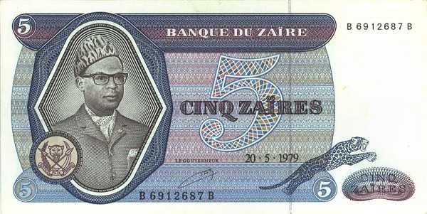 Front of Zaire p22a: 5 Zaires from 1979