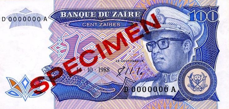 Front of Zaire p33s: 100 Zaires from 1988