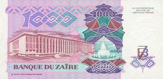 Back of Zaire p35a: 1000 Zaires from 1989