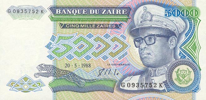 Front of Zaire p37b: 5000 Zaires from 1988