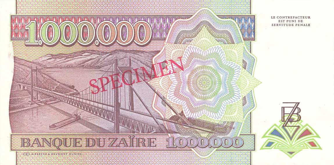Back of Zaire p44s: 1000000 Zaires from 1992