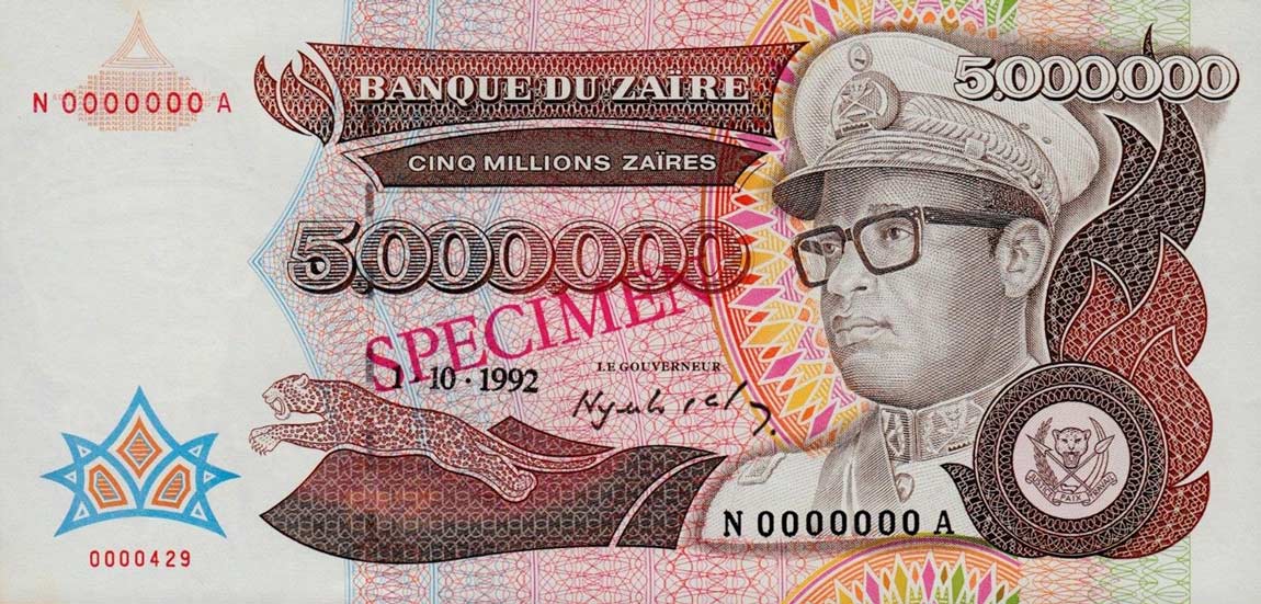 Front of Zaire p46s: 5000000 Zaires from 1992
