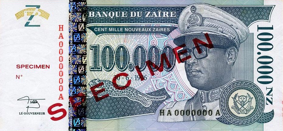 Front of Zaire p77As: 100000 Nouveau Zaires from 1996