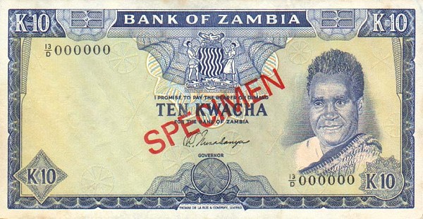 Front of Zambia p12s: 10 Kwacha from 1969