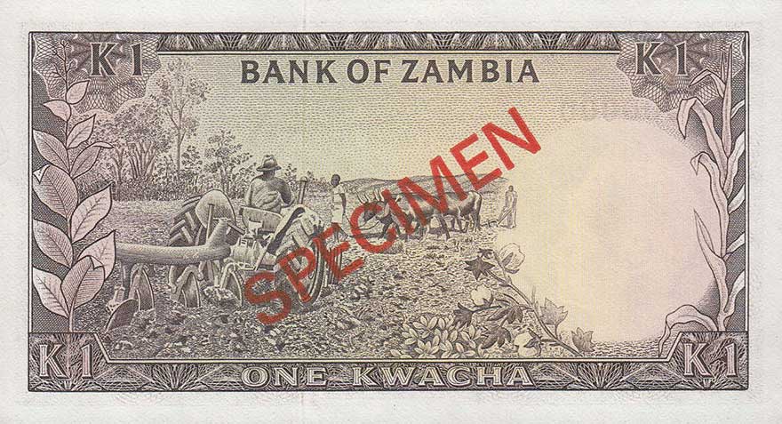 Back of Zambia p19s: 1 Kwacha from 1976
