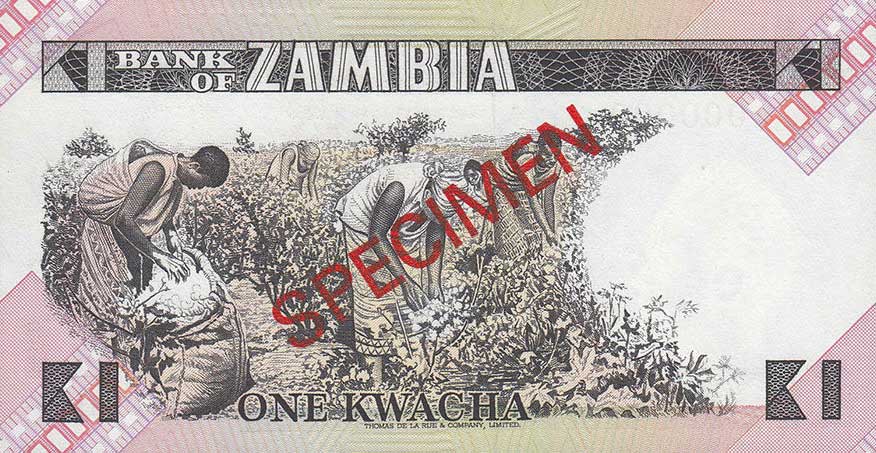 Back of Zambia p23s: 1 Kwacha from 1980
