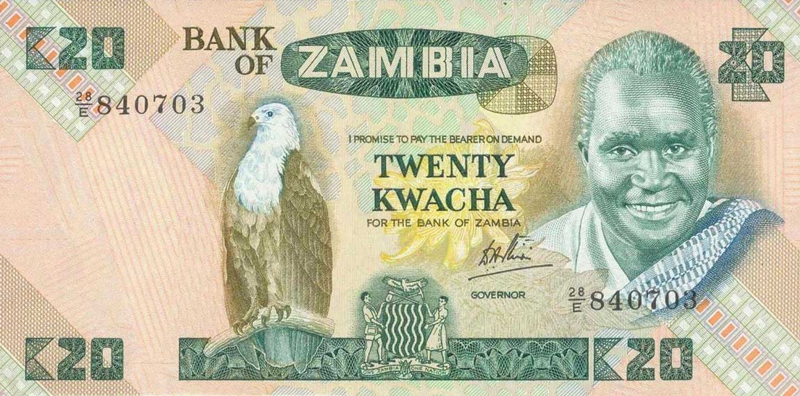 Front of Zambia p27d: 20 Kwacha from 1980